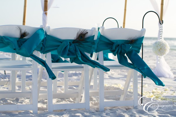 Turquise Sashes on White Chairs back view